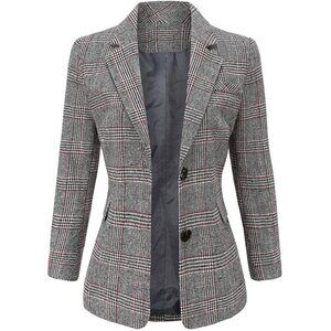 Ebossy Blazer Women Grey Notch Lapel 2 Button Suit Houndstooth Plaid Jacket Coat